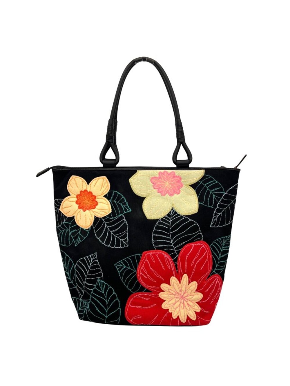 Talbots Floral Embroidered Black Tote Bag With Red & Yellow Flowers 11"x10"x5"
